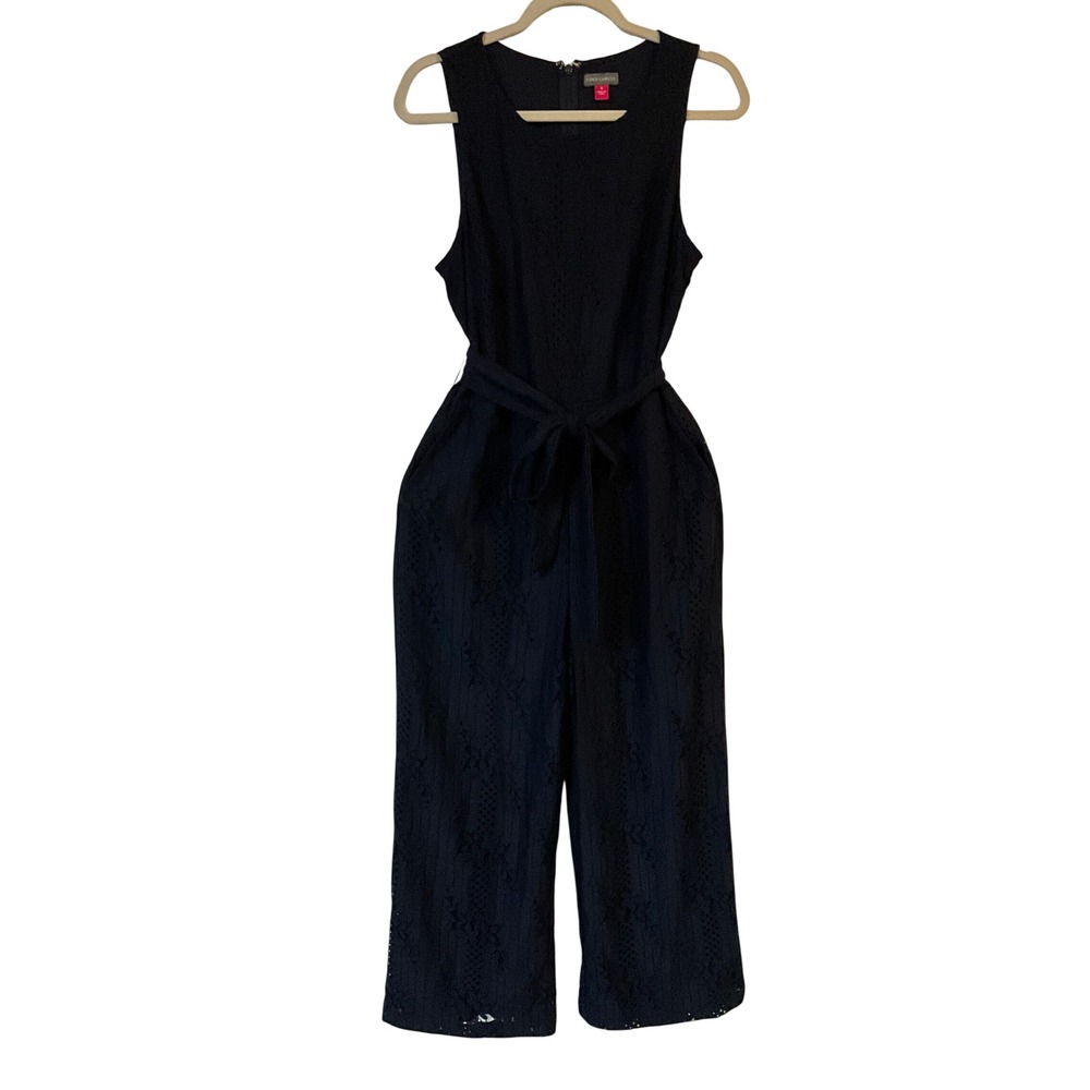 Vince Camuto Navy Blue Floral Lace Sleeveless Wide Leg Belted Jumpsuit Size 8